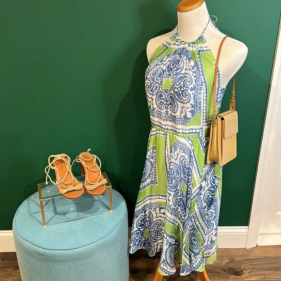 Vineyard Vines silk lined sz 4 blue and chartreuse halter dress EUC